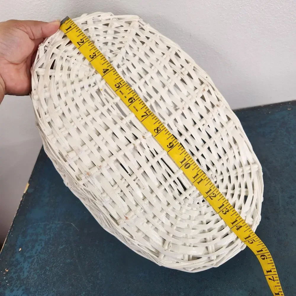 Vintage White Flat Wicker Gathering Basket With Handle Harvest Garden Farmhouse
